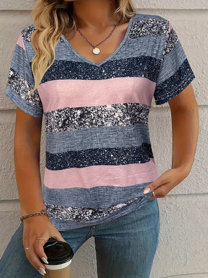 Plus size women's V-neck striped t-shirt with short sleeves and stretchy knitted fabric. Features a random print, perfect for spring, summer, and autumn fashion.