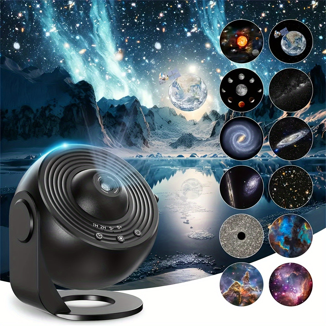 Projection lamp with starry sky galaxy design, USB powered, rotates 1.5-5 meters, includes 12 high-definition slides. Perfect for bedroom, living room, or e-sports room. Ideal festival or