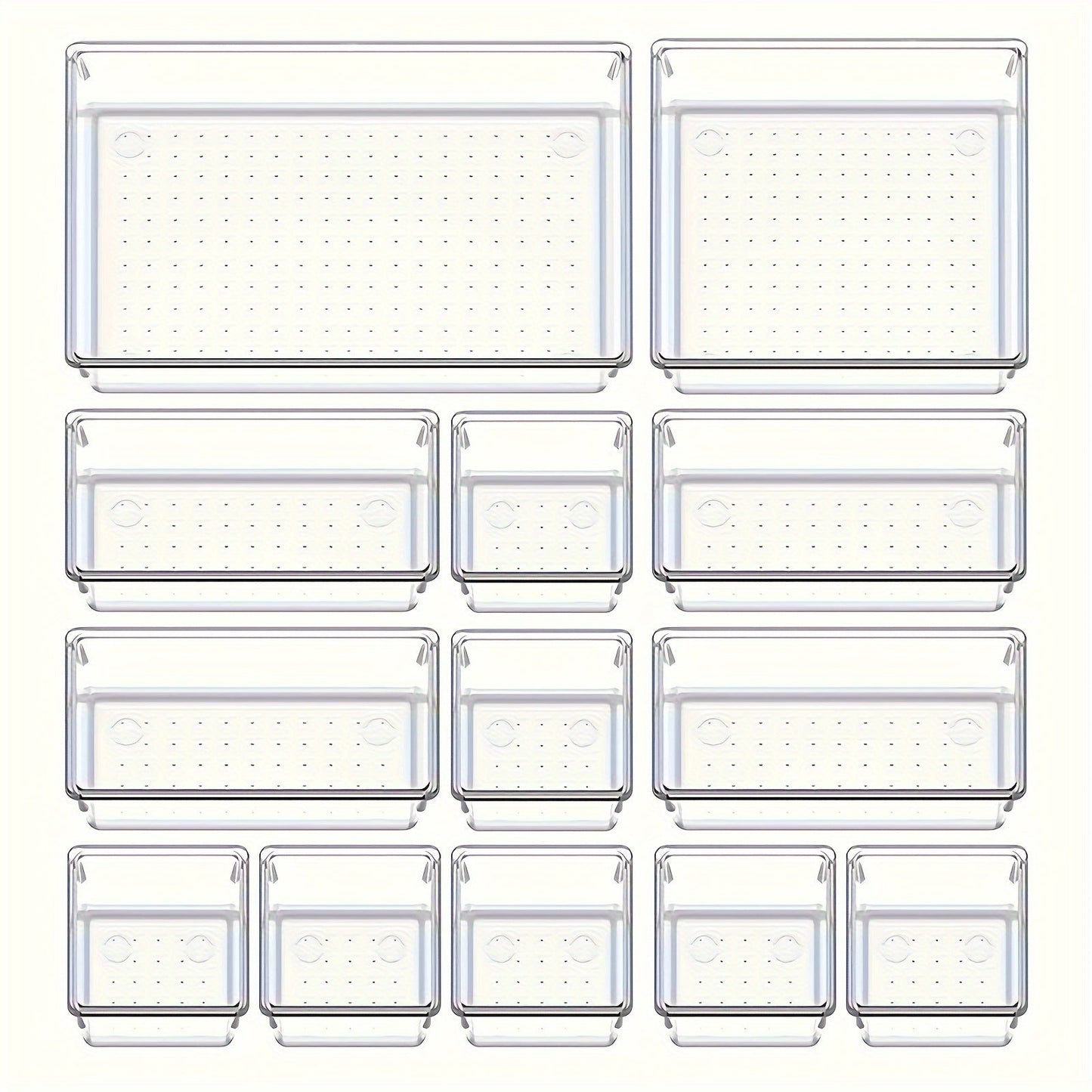 Set of 13 clear plastic drawer organizers, stackable and unfinished, perfect for storing makeup, cosmetics, kitchen utensils, tools - includes non-slip rubber pads.