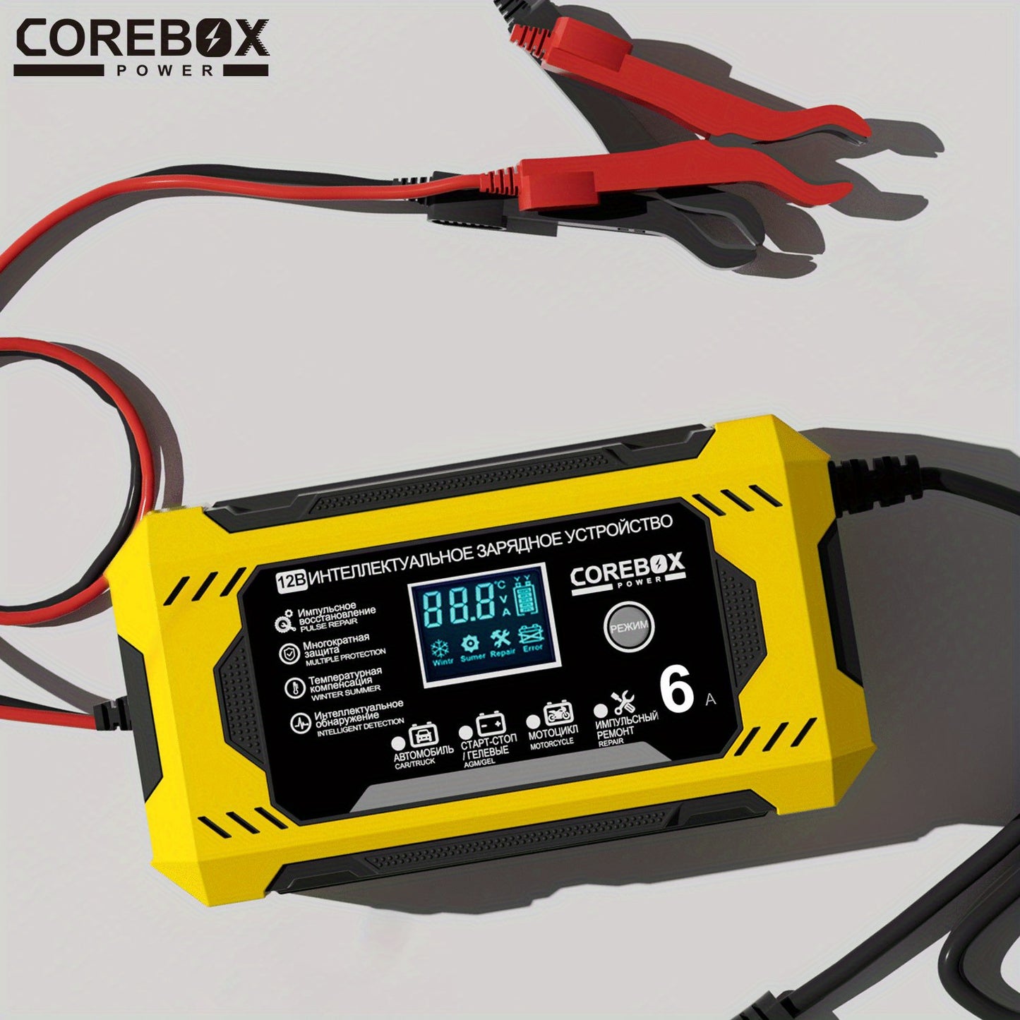 COREBOX EU Plug Battery Charger for vehicles and machinery with LCD Display, 12V 6A. Suitable for Lead Acid batteries.