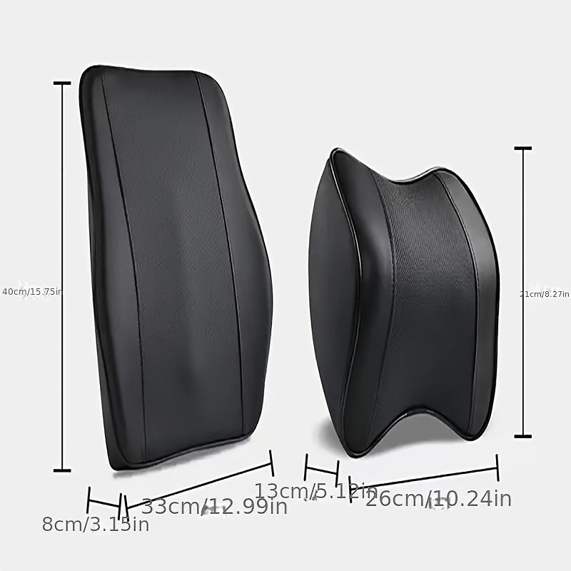 Memory foam car headrest and lumbar support set with PU leather, for comfortable and ergonomic driver seating.