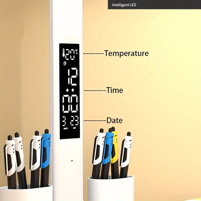 LED desk lamp with eye protection, foldable design, time display, and various functions for use in student dormitories, bedrooms, and workspaces.