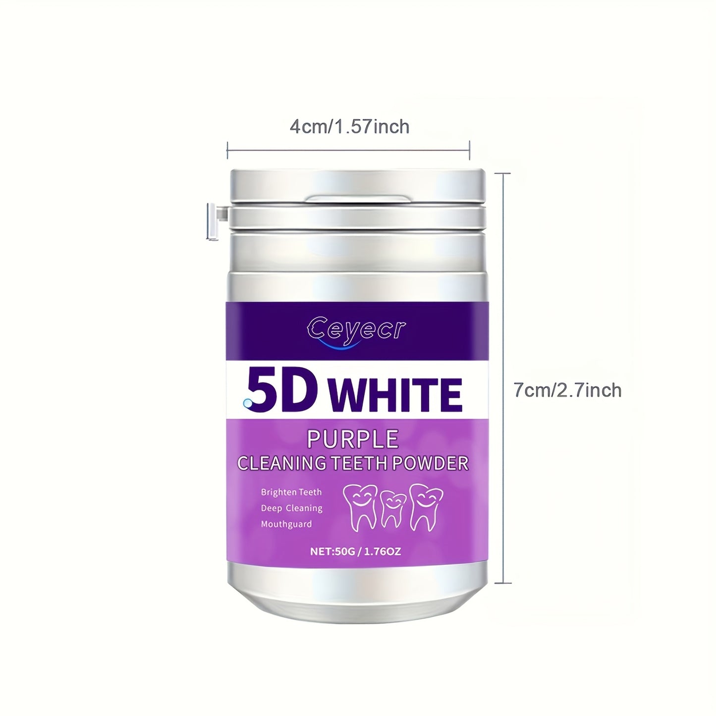 1pc CEYECR 5D White Purple Teeth Whitening Powder - Natural Pearl Formula, 50g - Ideal for Daily Use & Travel, Men & Women, Fresh Breath & Deep Cleaning.