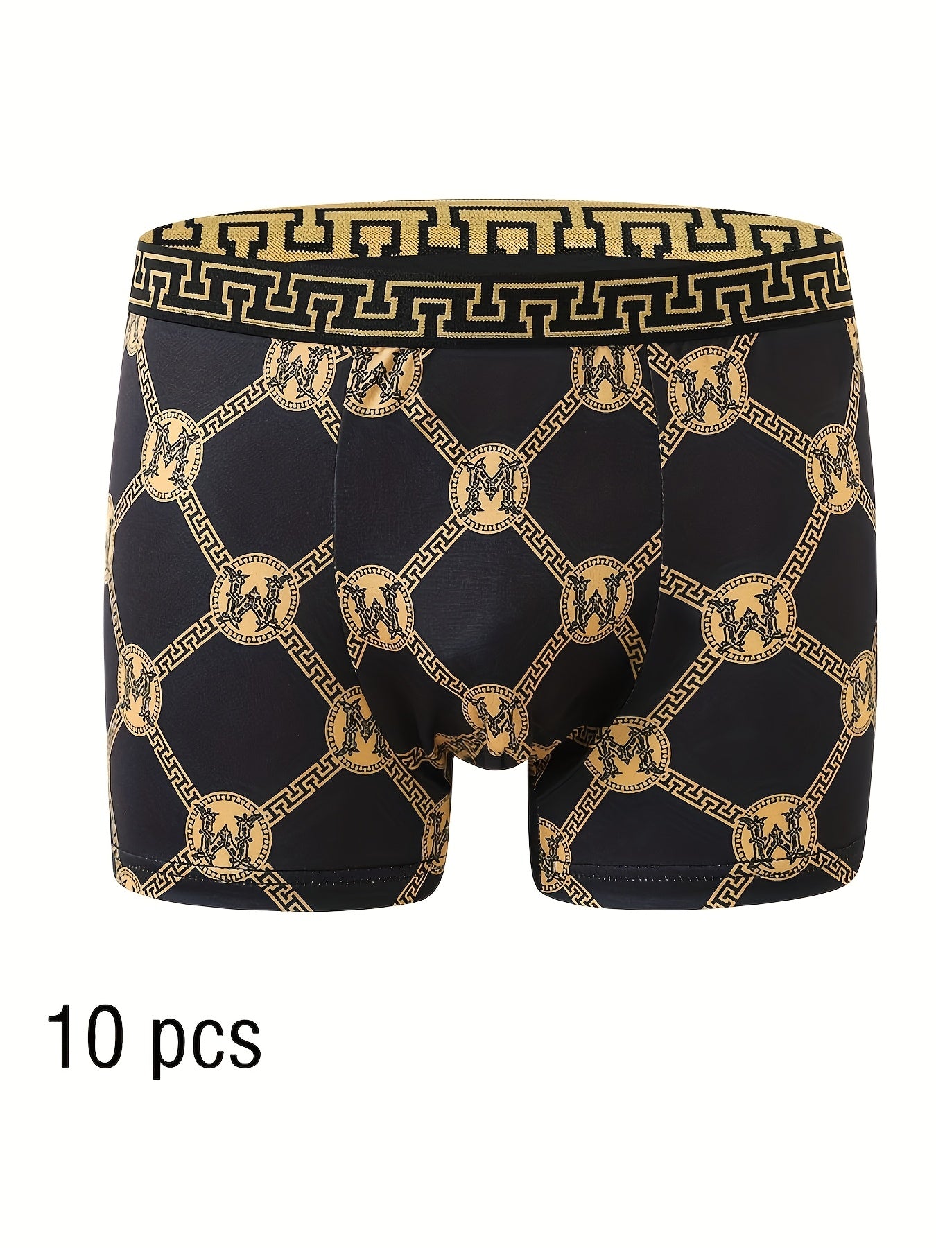 10 Men's Boxer Briefs, Black/Gold Print, High Stretch Polyester, Quick-Dry, Comfort Fit for Golf