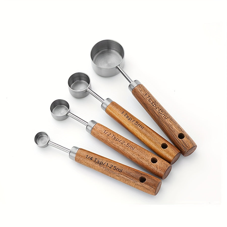 Set of 4 measuring cups and 4 measuring spoons with wooden handles, made of stainless steel. Includes graduated measurements for precise baking and cooking. A must-have tool for any kitchen, perfect for apartments and essential for cooking and baking