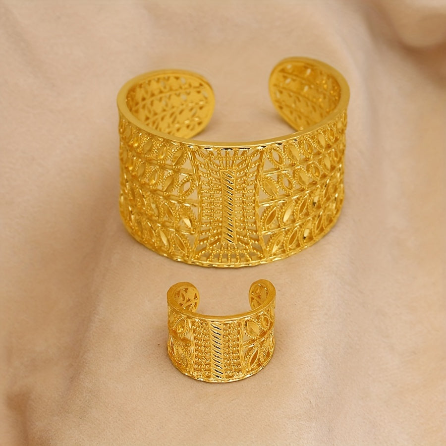 Stylish Duo: Vintage-Inspired Hollow Bangle & Ring Set - Ideal for Weddings, Parties, & Festivals