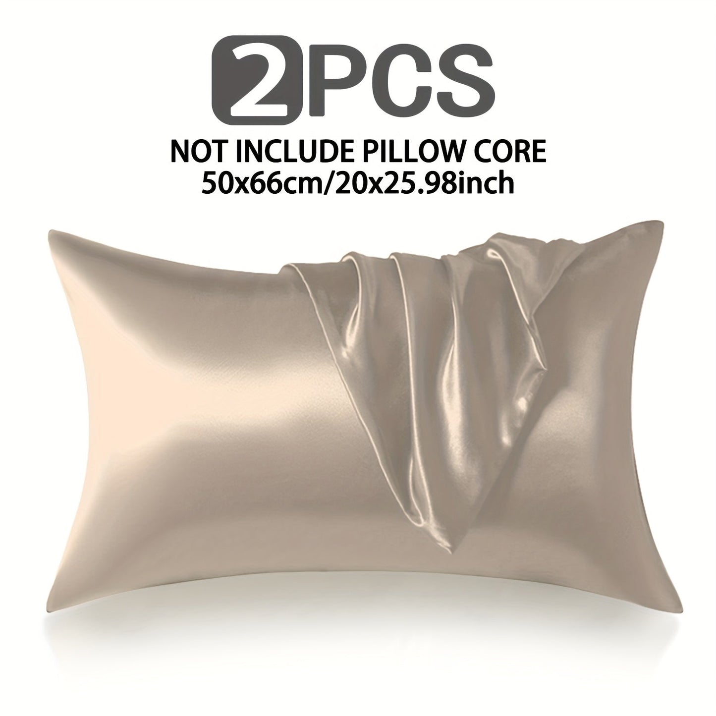 Two pieces of luxurious satin pillow covers measuring 50.8x66.04cm. These covers are silky soft, breathable, and skin-friendly with an envelope closure. They are machine washable and come in assorted colors (inserts not included).