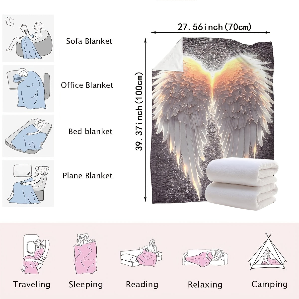 Contemporary Glowing Wings Print Flannel Blanket - Soft and Cozy Polyester Knit Throw for All Seasons, Perfect for Sofa, Travel, Bedroom, and Car - Lightweight and Vibrant Digital Print Bedding Option, 200-250gsm