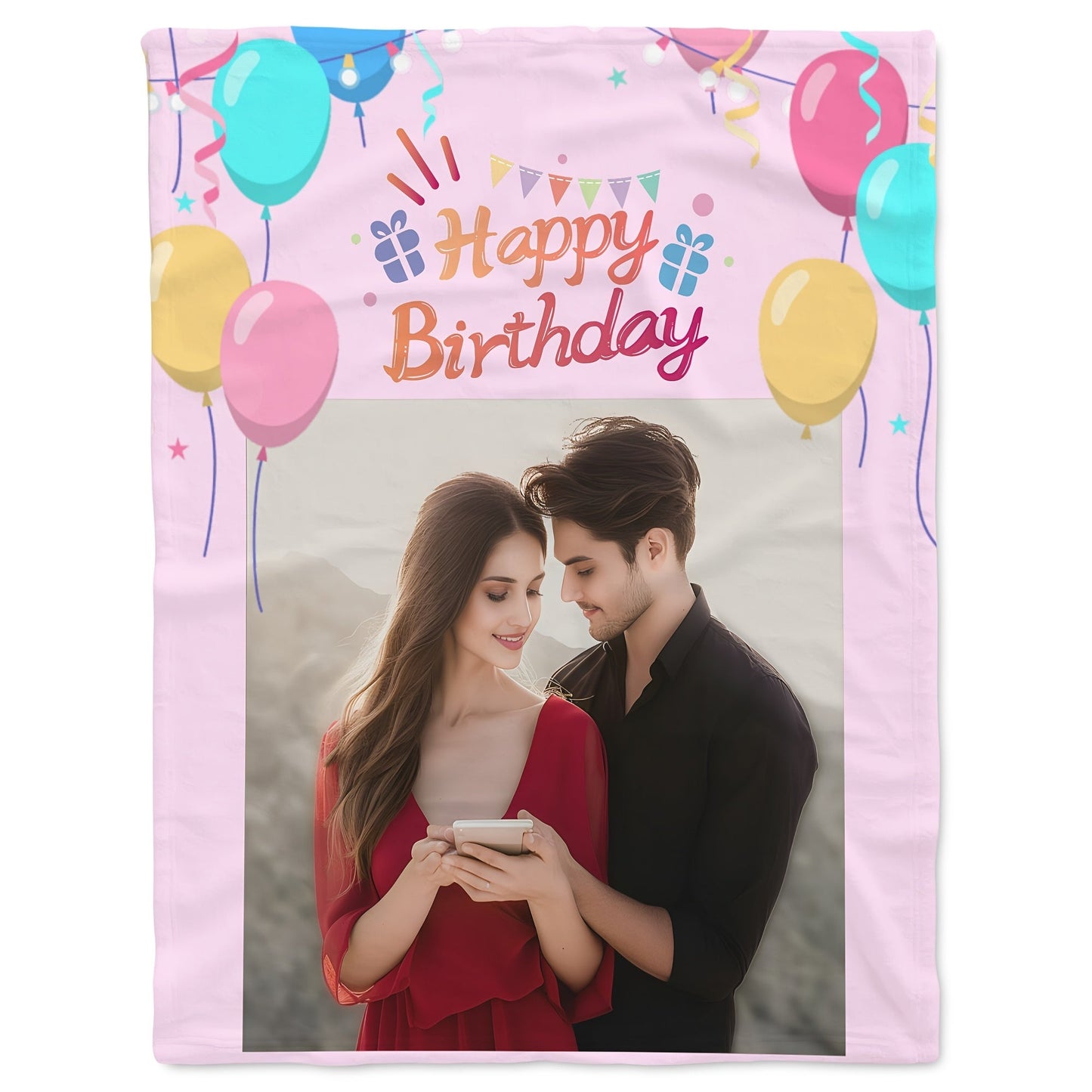 Customized Photo Blanket featuring Cute Balloons and 'Happy Birthday' Message - Ideal Present for Your Beloved Ones