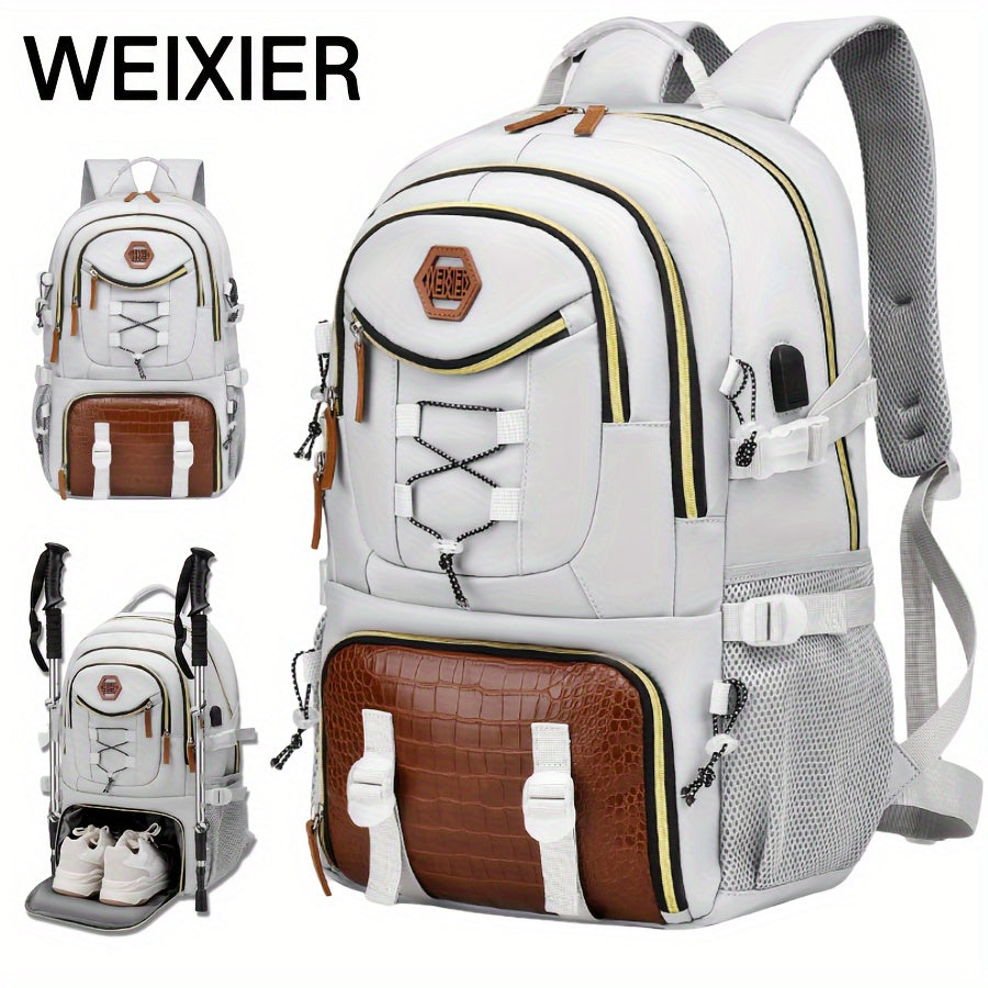 WEIXIER Men's Stylish Multifunctional Backpack in White & Brown with Large Capacity for Laptop, Travel, School & Work, Durable Nylon with Crocodile Texture - Perfect Gift for Friends &