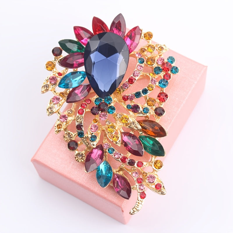 Wholesale women's party spot elegant luxury fashion brooch with large water drop rainbow crystal moon design.