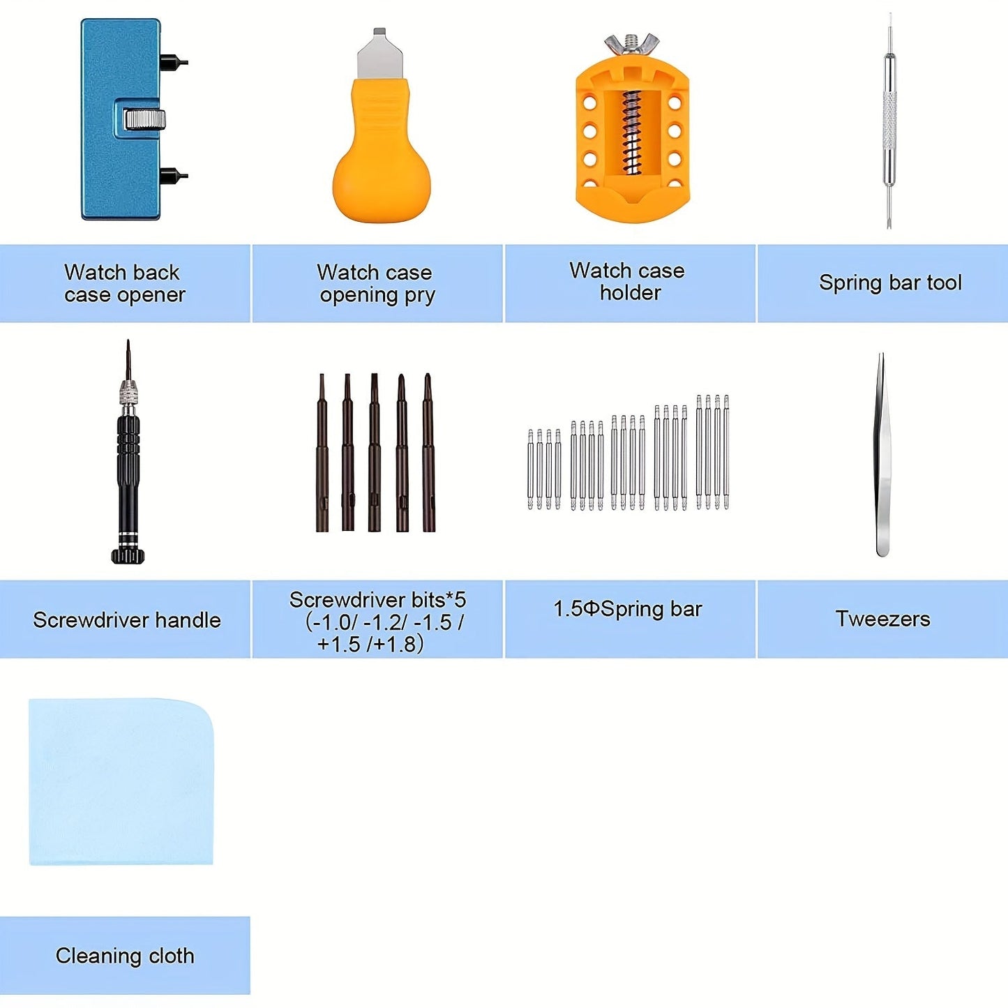 Ideal for gifting, this 32-piece watch battery replacement kit includes a watch repair screwdriver, watch band replacement tool, watch wrench back remover, watch case opener, watch back remover holder, spring bar, and tweezers.