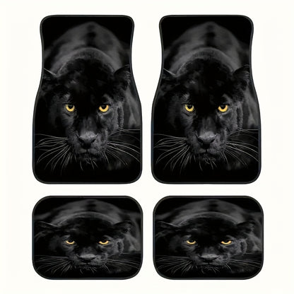 Black Panther car floor mats set of 4, durable non-slip design with front and rear waterproof protection. Stylish all-weather mats made of polyester material, universal fit.