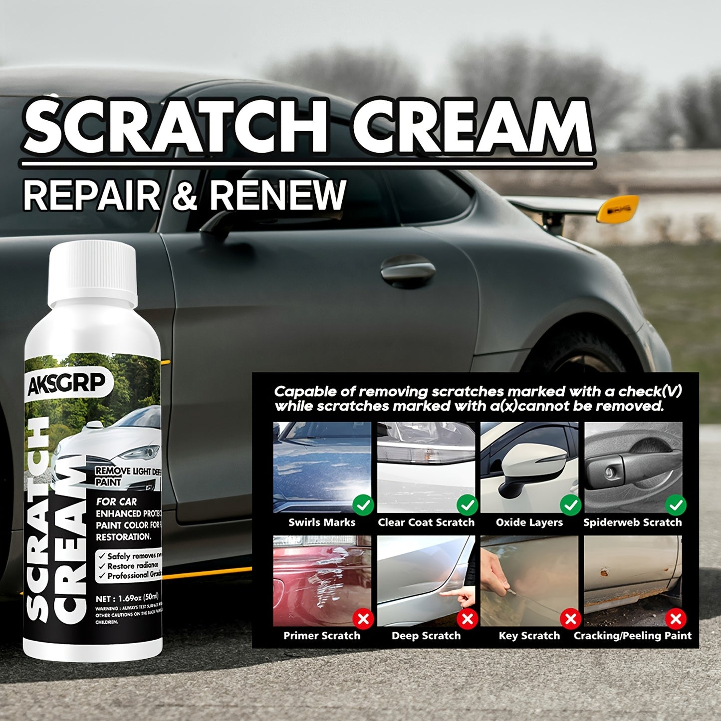 Upgrade your car's appearance with our Scratch Repair Kit that includes a paste for polishing and waxing to remove scratches and restore the paint's finish.