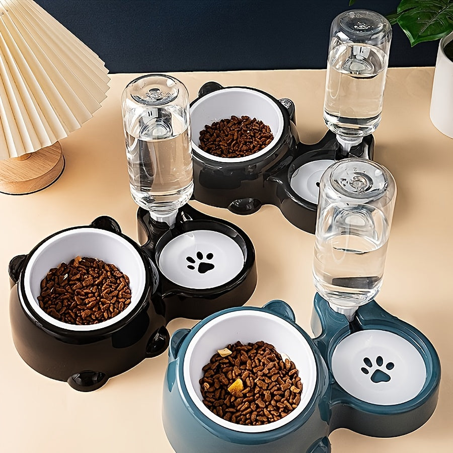 Automatic pet feeder with water dispenser, stainless steel bowls, neck protection, no charging or batteries needed.