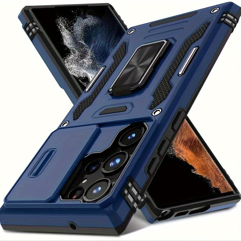 Protective case with slide camera cover and rotated ring kickstand for a variety of Samsung models, offering full camera protection.