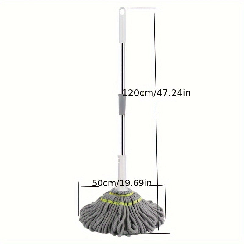 Hands-Free Rotating Mop for bedroom, bathroom, kitchen, living room; self-twisting, stainless steel and plastic.