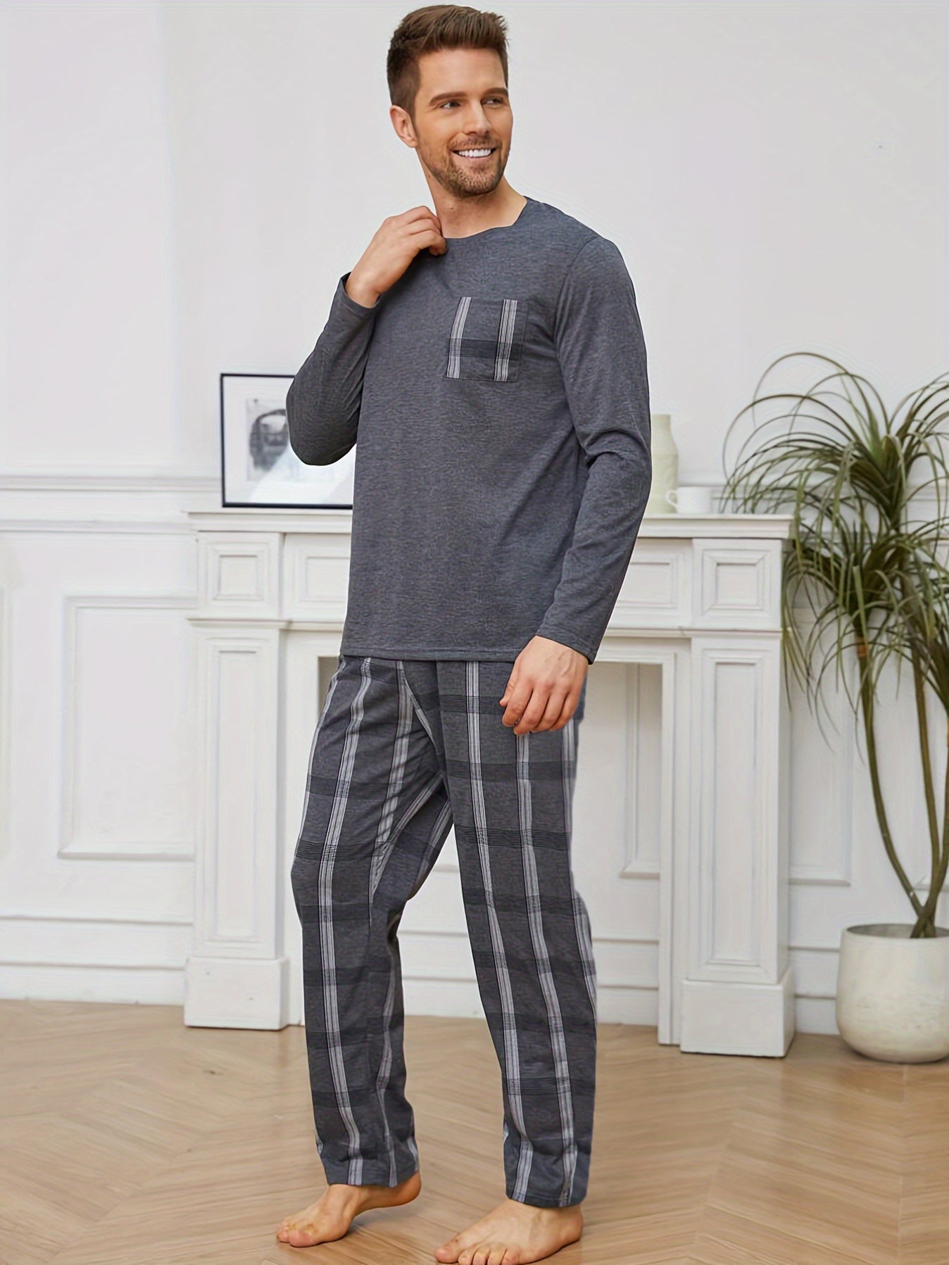 Men's dark gray plaid pajama set with pockets - includes long sleeve round neck top and pants. Made of polyester blend and machine washable.