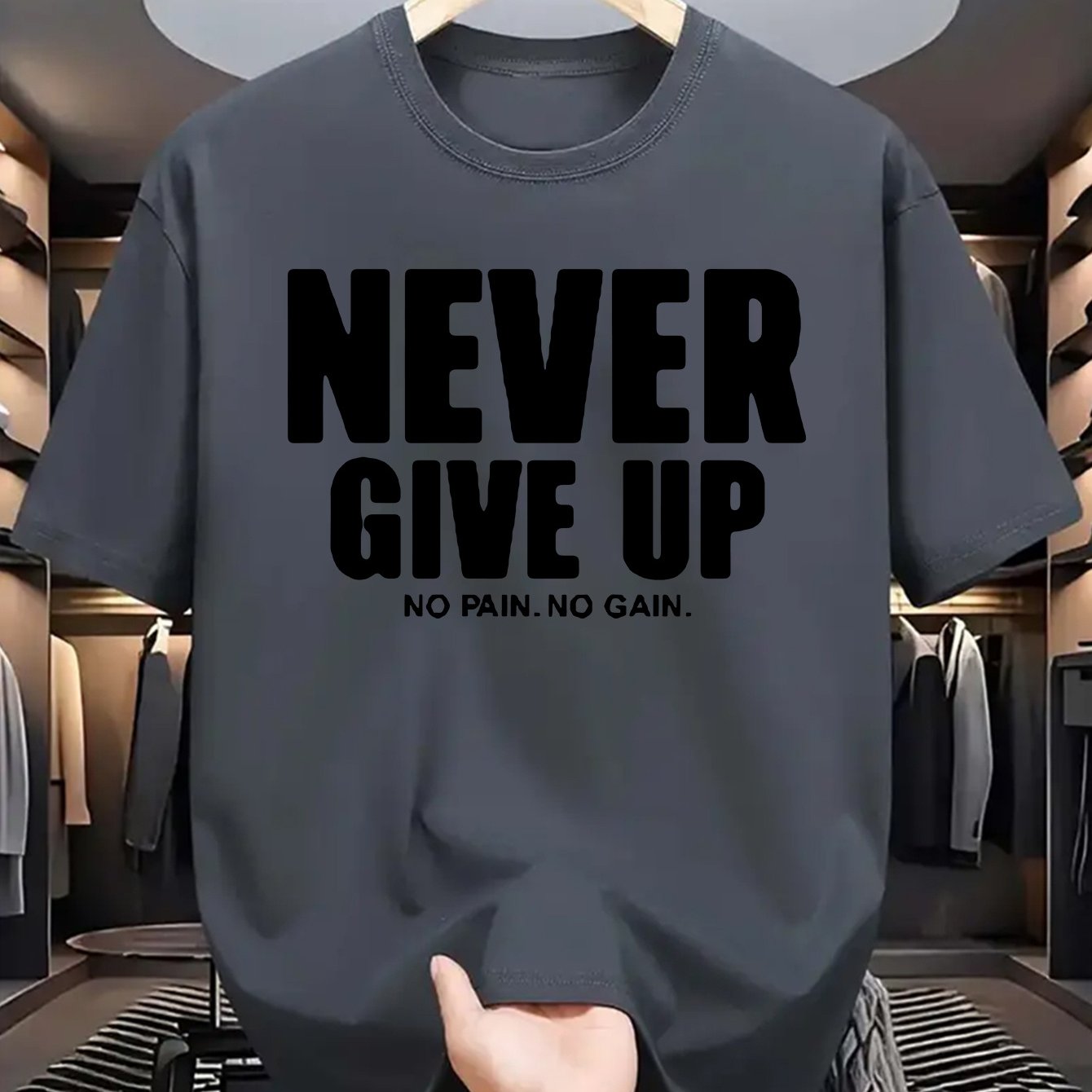 Men's casual crew neck t-shirt with "Never Give Up" print, made of polyester knit fabric with a slight stretch for a regular fit. Perfect for daily wear in summer with short sleeves.