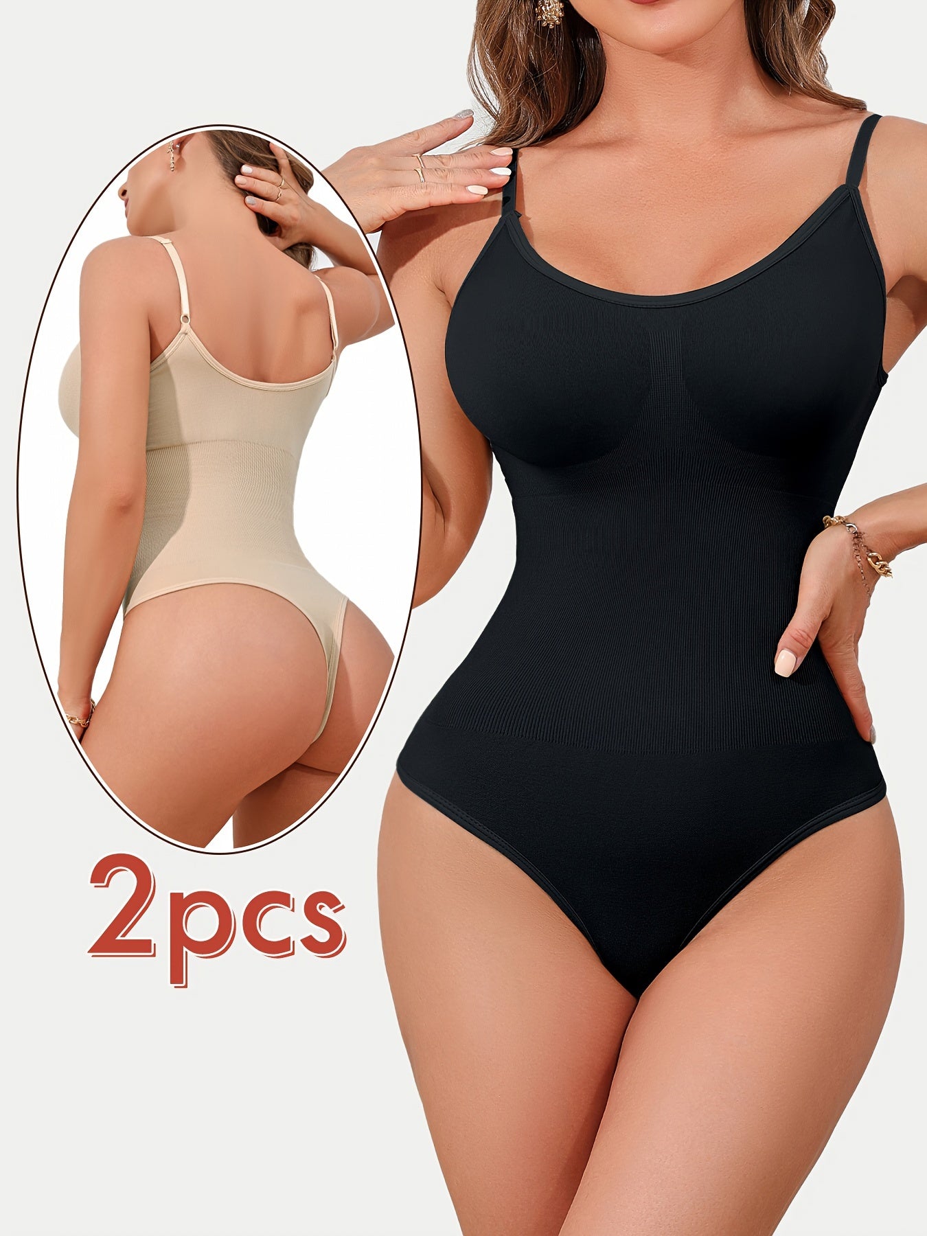 2pcs NADIA GO Seamless Thong Shapewear Bodysuit in Black & Beige, High Support, Tummy Control, Butt Lifting, Slimming Body Shaper, Soft Nylon/Elastane Blend, Hand Washable