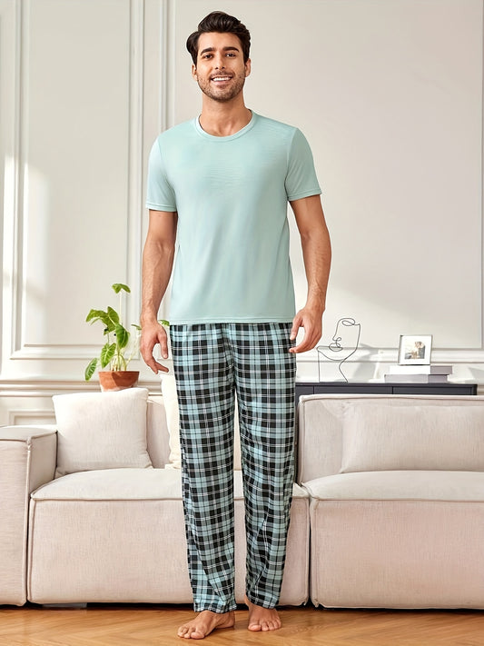 Men's Casual Plaid Pajama Set - Polyester Crew Neck Top and Long Pants, Comfortable Loungewear with Slight Stretch Knit Fabric