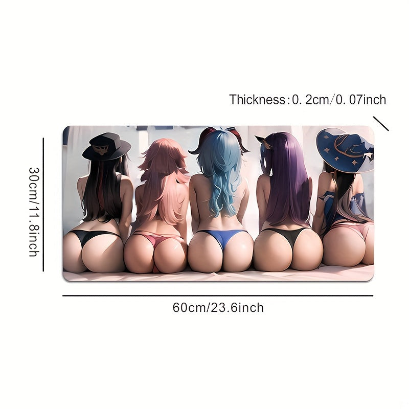 Large, thick, water-resistant anime girl silhouette gaming mouse pad with non-slip base and smooth surface for gamers and office use.