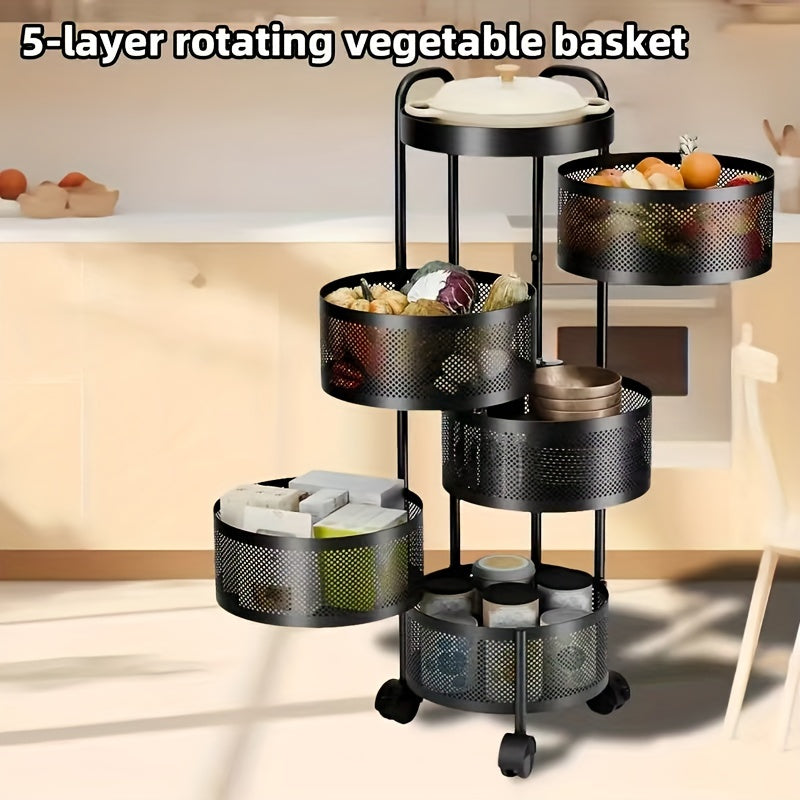 5-tier rotating vegetable storage rack with metal shelves and casters.