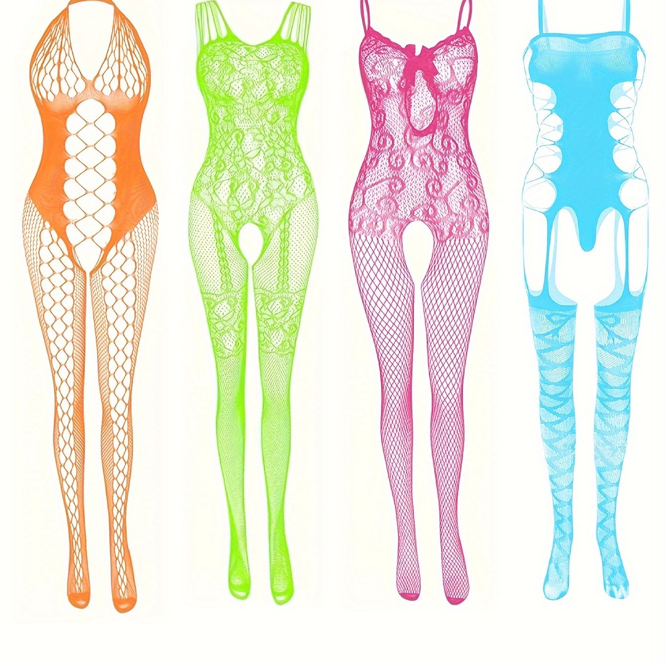 4 colorful beach jumpsuit combinations and sexy lingerie bodystockings, plus size fishnet open crotch full bodysuit.