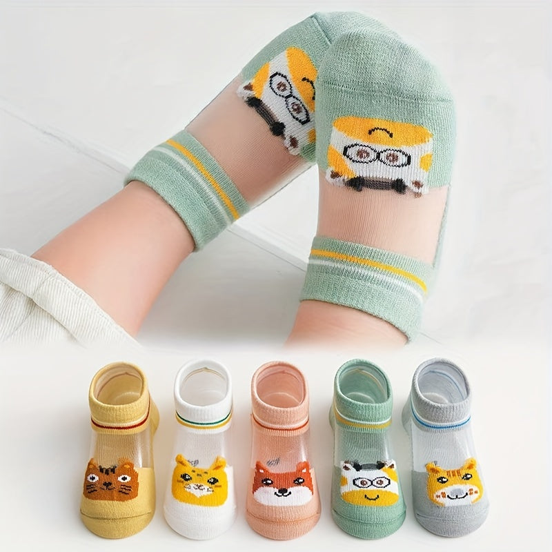 Kids' 5 pairs of thin mesh breathable socks with cartoon designs for spring and summer.