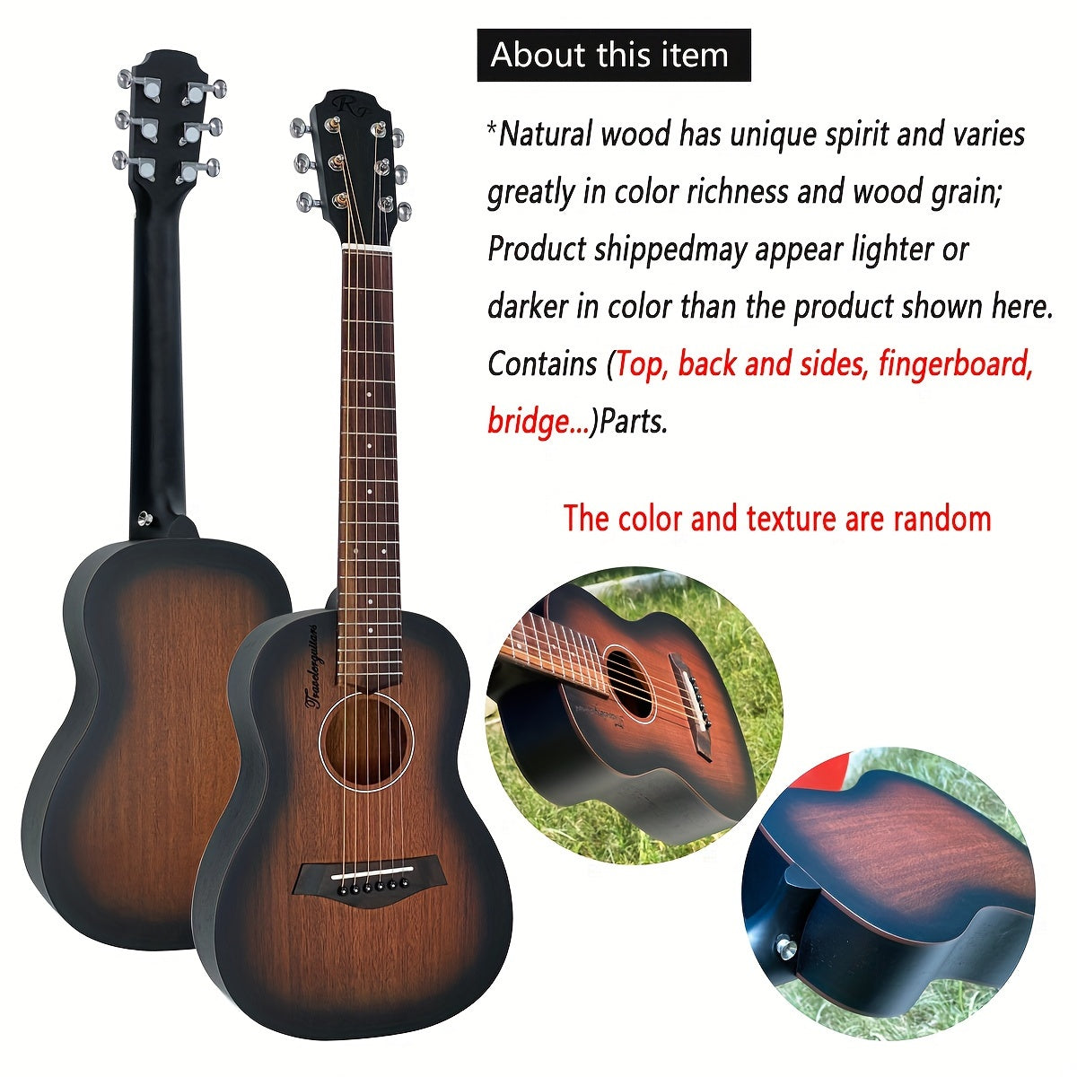 RP TG100AMBER Ultra-Mini Travel Acoustic Guitar with Mahogany Neck/Back/Side, Rosewood Fingerboard, 20 Frets - Ideal for Beginners and Travelers.