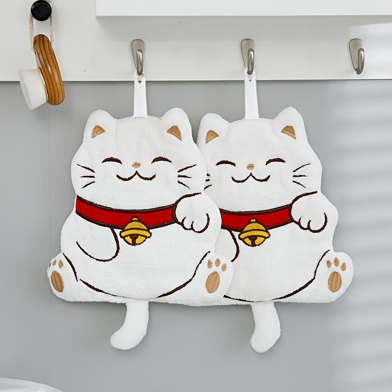 Cute Fortune Cat fingertip towel made of plush coral velvet, ideal for daily use in kitchen or bathroom, with hanging design.