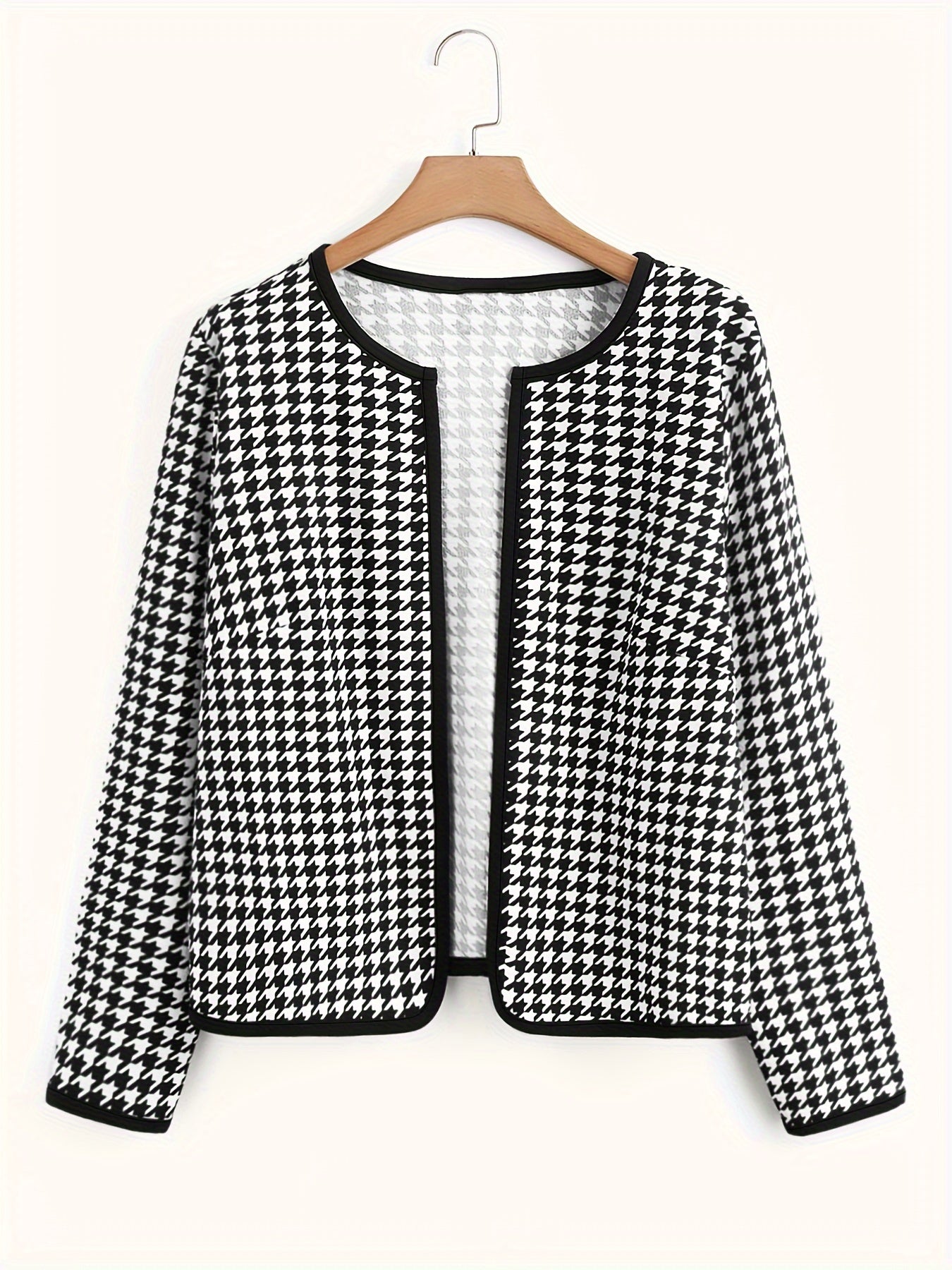 Stylish Plus Size Houndstooth Jacket with Contrast Trim for Women