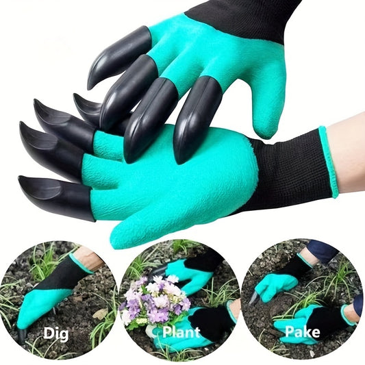 Waterproof gardening gloves with claws for digging and planting - puncture-resistant latex, hand washable outdoor protection for flowers and vegetables, in green and black design.