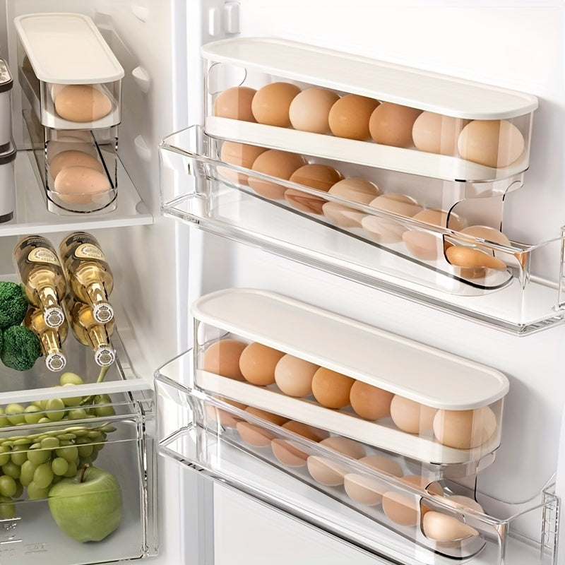 An automatic sliding egg storage box for refrigerator doors, holding 12-14 eggs with a flip-top design, serving as a fresh egg organizer and space-saving rack.