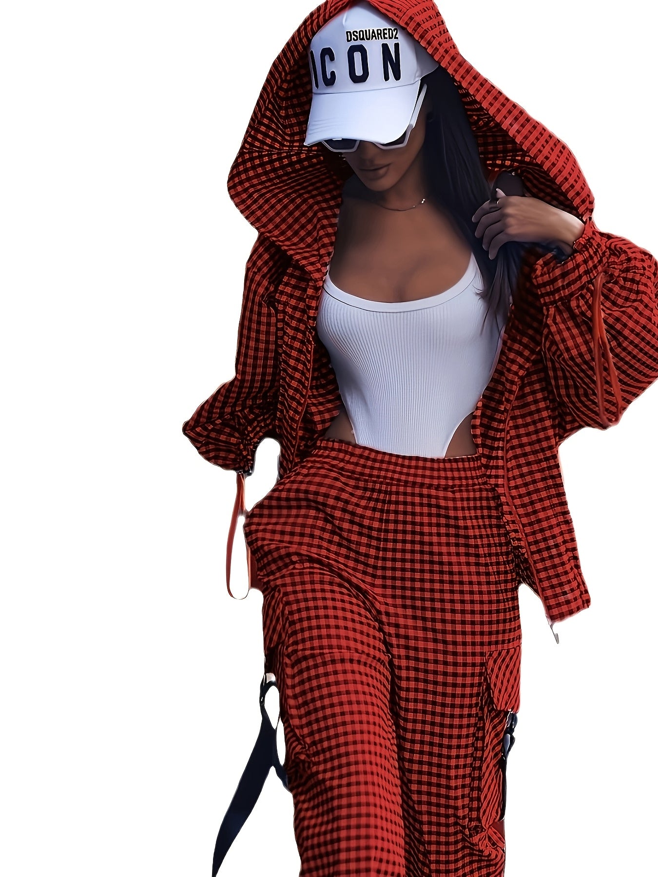 Casual gingham pantsuit for women, with lapel collar and zipper details, made of 100% polyester woven fabric, ideal for fall/winter.