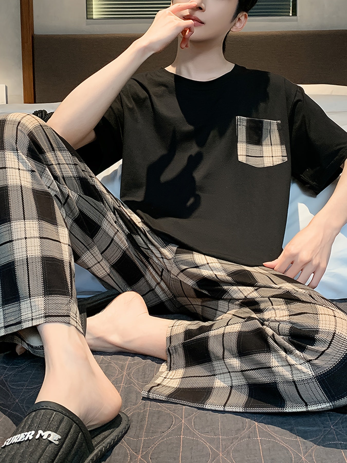 Men's 2-piece plaid pajama set for daily wear