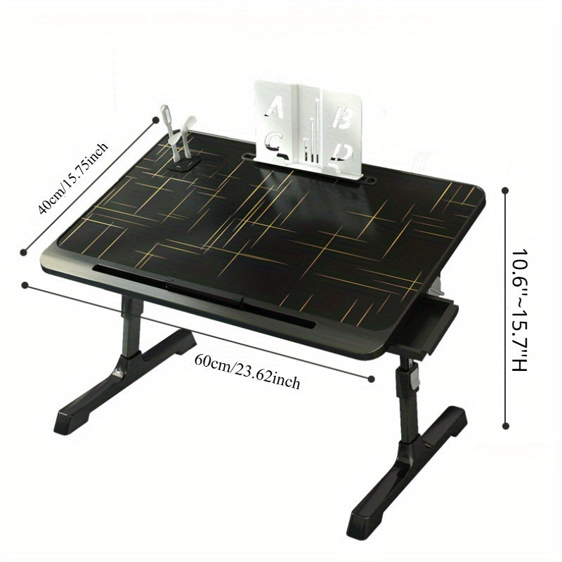 Adjustable overbed laptop desk with foldable legs and storage drawer for home and office use.