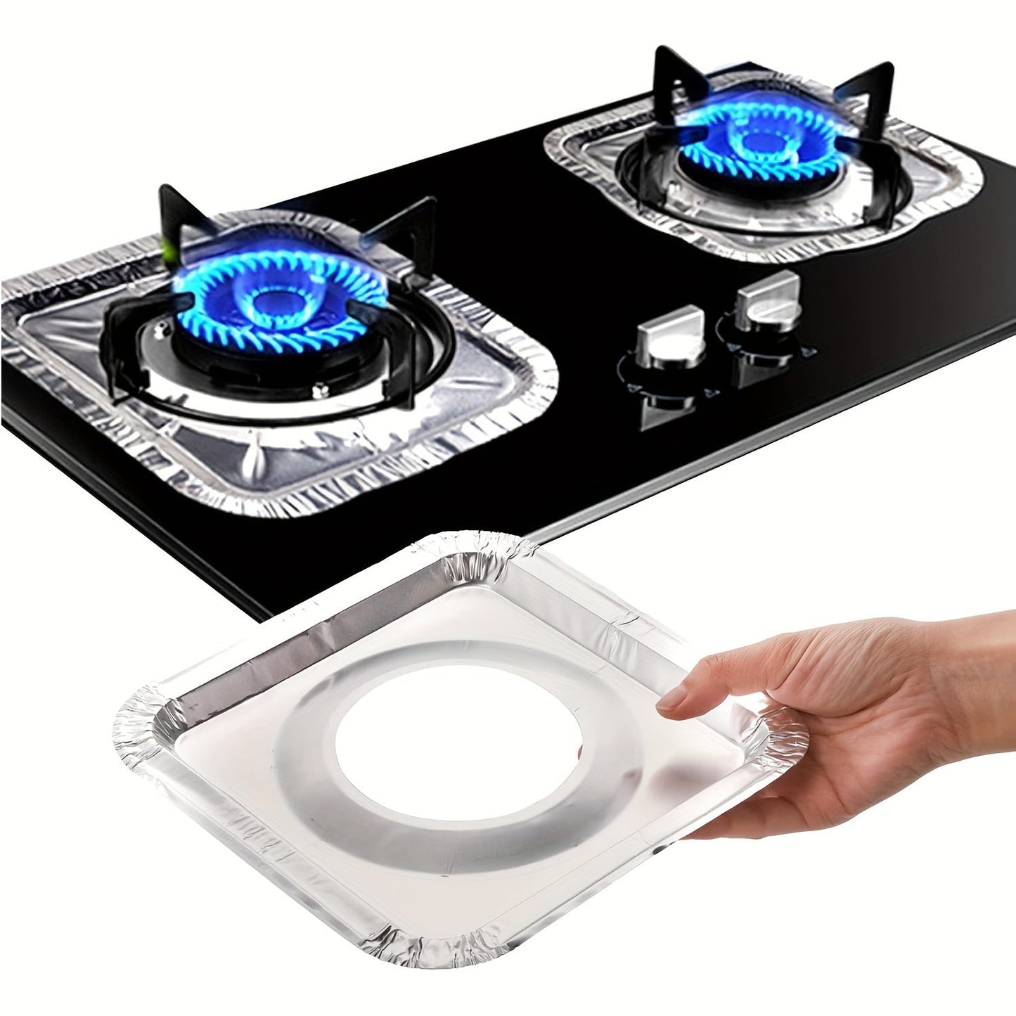 Heavy-Duty Aluminum Foil Stove Burner Covers - Available in packs of 10, 30, or 50 pieces - Square Disposable Gas Burner Liner measuring 21.59cm - Helps keep gas range clean - Suitable for everyday use - Ideal gift for home cooks and housewarming gifts.