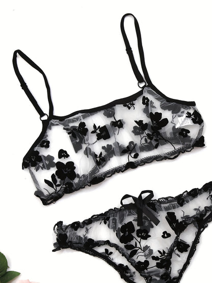 Sexy mesh flower lingerie set with transparent details - adult size, 2 pieces