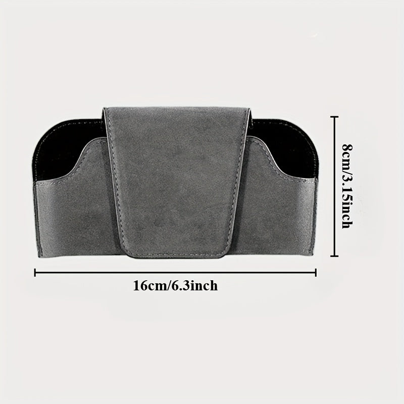 Car visor glasses holder made of PU leather for universal fit in vehicle for convenient eyeglasses storage.