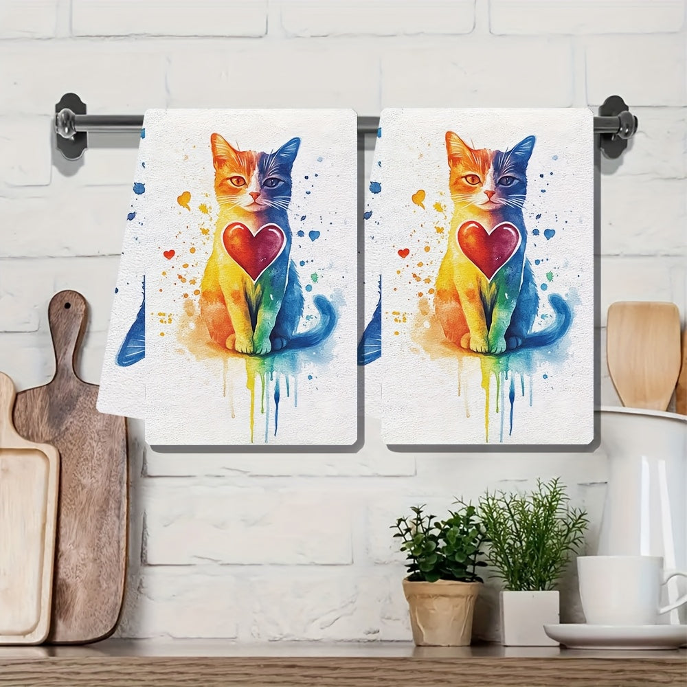 Get a pair of ultra-soft kitchen towels adorned with a charming cat design and rainbow mini hearts, great for celebrating Valentine's Day. These highly absorbent dish towels are easy to clean in the washing machine and are 40.64X60.96 cm in size, making