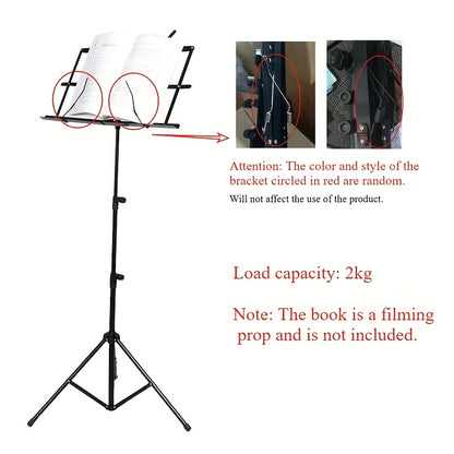 Portable folding music stand for piano, guitar, ukulele, and violin with durable alloy construction.