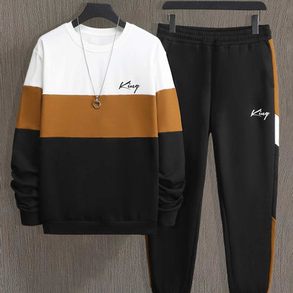 Men's color-blocked sportswear for spring and autumn with a printed long-sleeve crew neck sweatshirt and drawstring jogger pants.