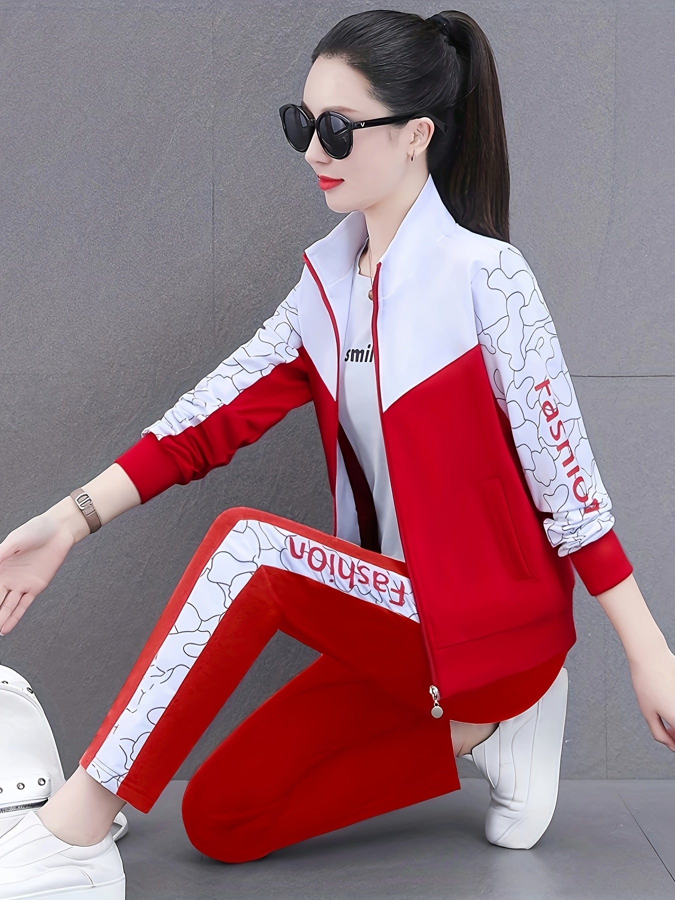 Women's two-piece cardigan jacket sports suit for spring and autumn with long sleeve trousers for casual outdoor wear.