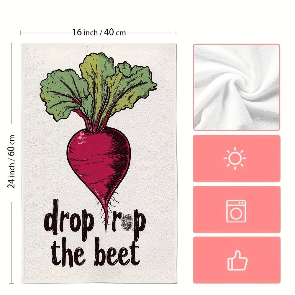 2 pieces of ultra soft polyester kitchen towels with a humorous "Drop the Beet" design. These towels are highly absorbent, machine washable, and measure 40.64x60.96 cm. Perfect for holiday decor and everyday use in the kitchen.