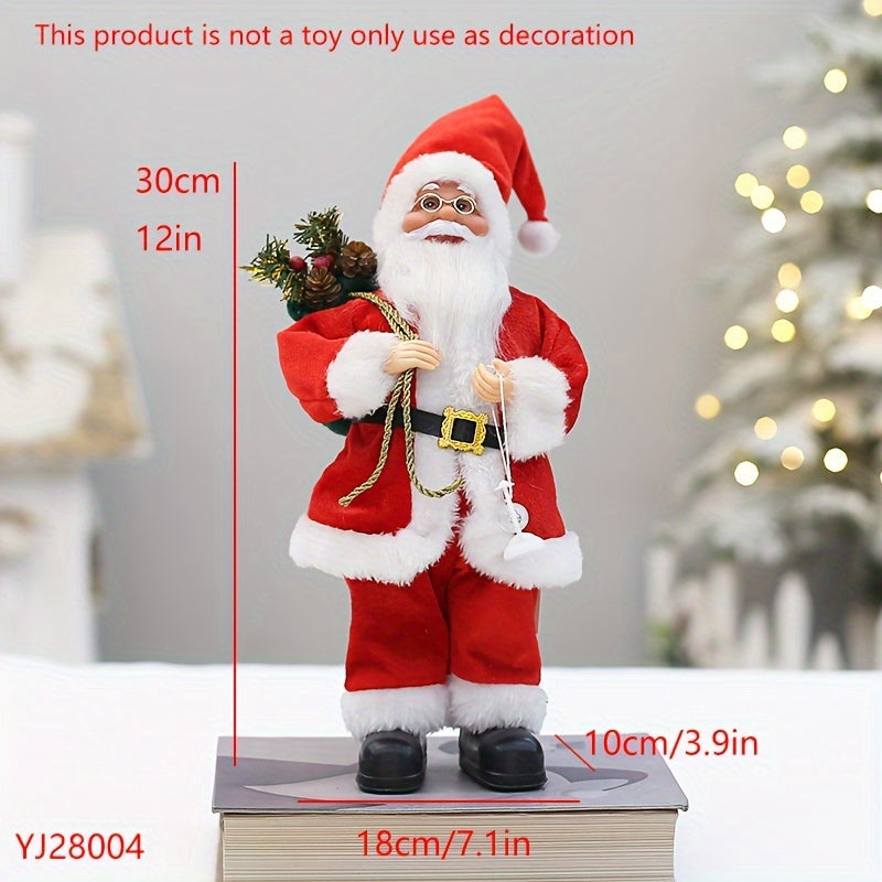 12-inch Classic Santa Claus Figurine in Red & Black Attire for Festive Home Decor during Christmas and New Year's. Made of Durable Synthetic Fiber, Ideal for Window or Tabletop Display in Homes, Shopping Malls, and Hotels.