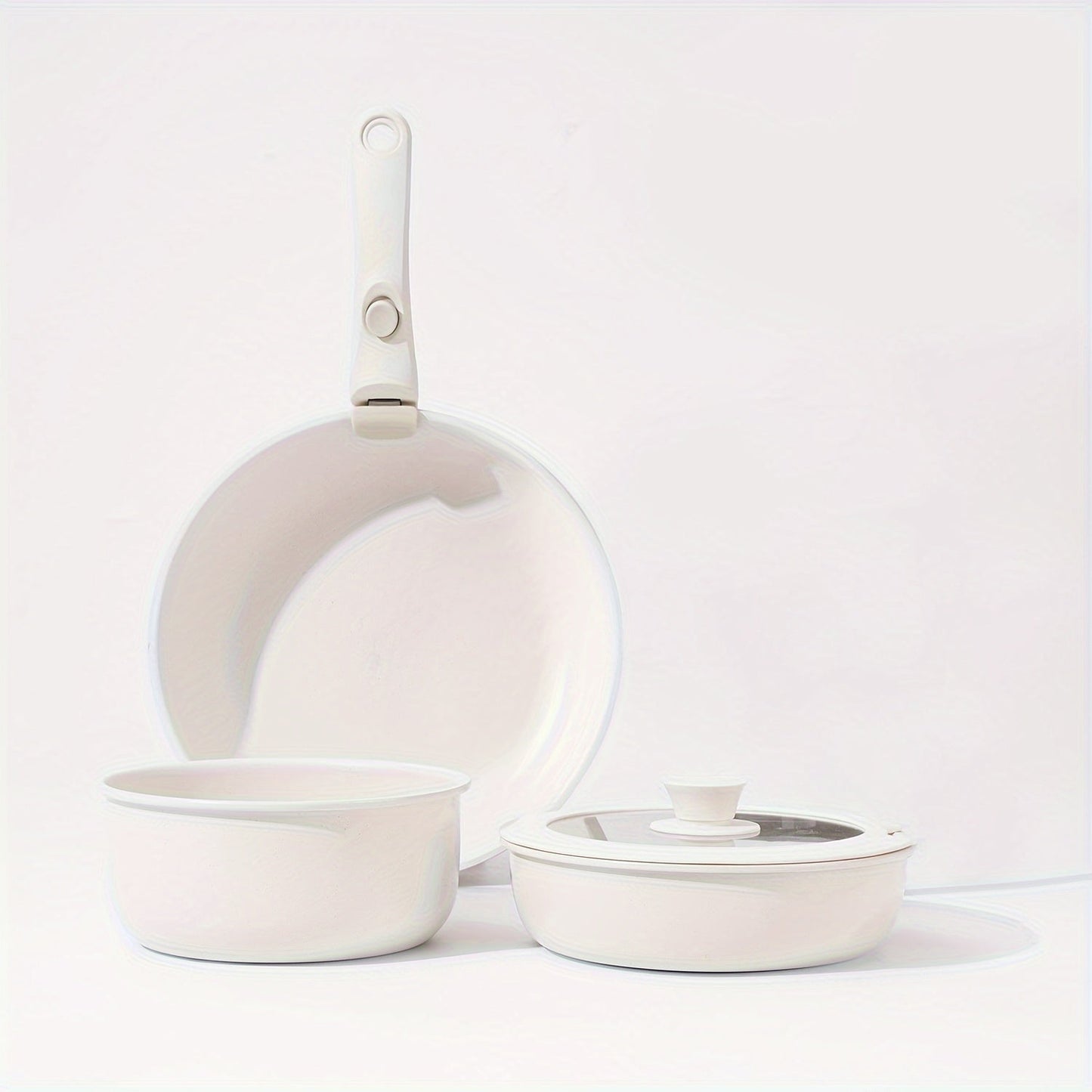 Cream White 5-Piece Cookware Set with Oven-Safe Non-Stick Pots and Pans, Featuring Removable Handles for Household Use