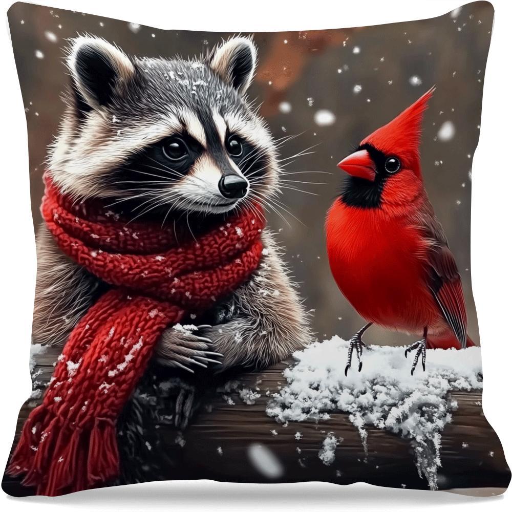 Decorate your space with this charming Raccoon & Cardinal decorative throw cushion cover! Featuring a traditional cartoon style, this polyester cover is machine washable and has an invisible zipper for easy removal. Please note that the insert is not