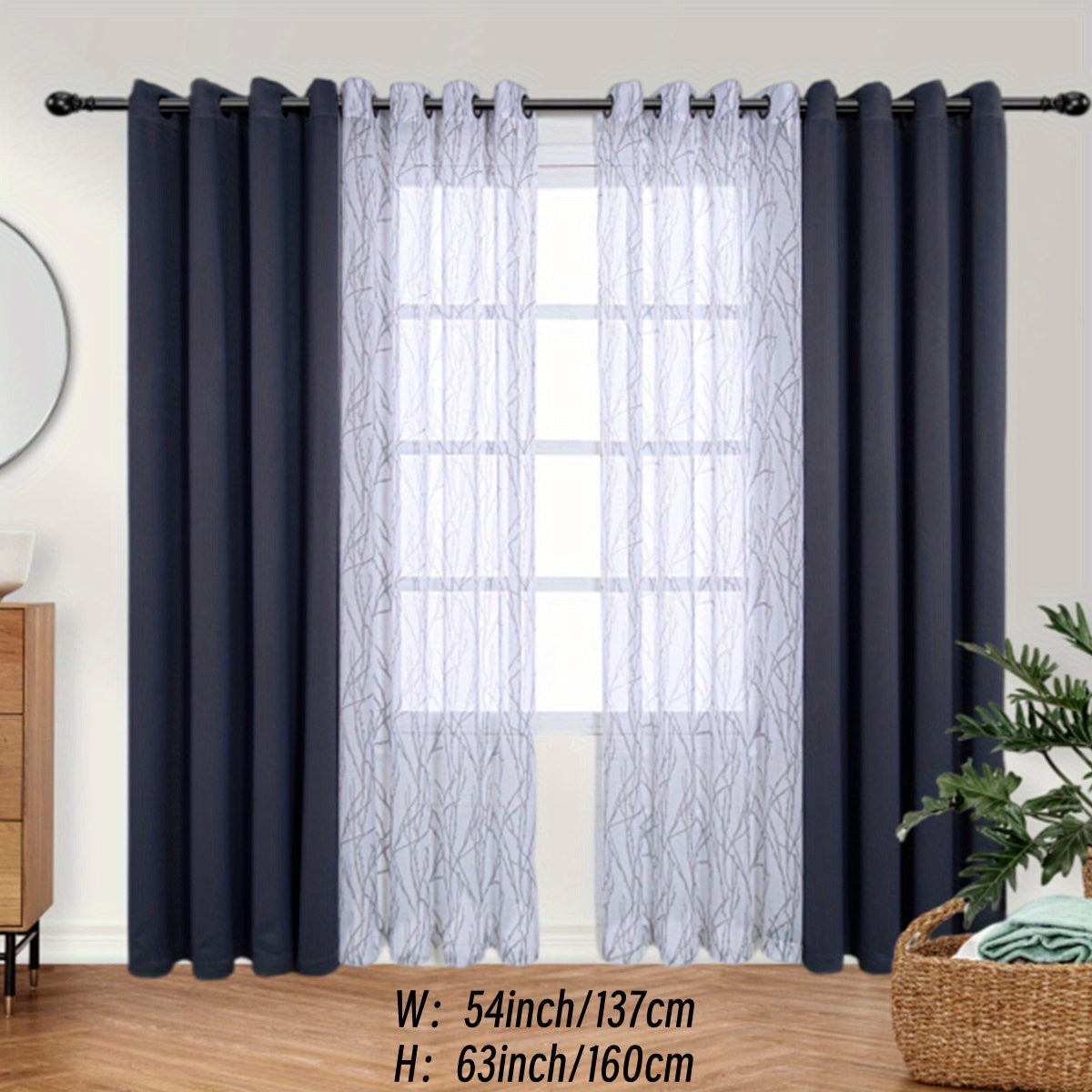 Pair of Curtains for Bedroom or Living Room - Includes 1 Sheer Branch Print Curtain and 1 Blackout Curtain, Grommet Style, 54x84 Inch Each, Dark Gray, Set of 2 Panels