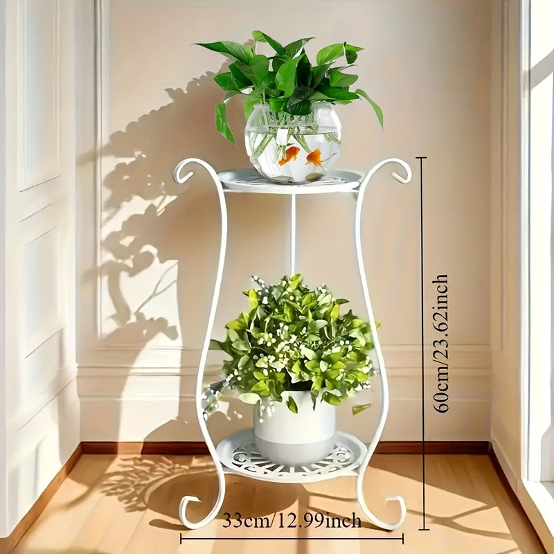 Elegant double layer metal flower stand, lightweight and durable. Suitable for both aquarium and home garden display. Perfect for indoor and outdoor plant stand with hanging flower pots.